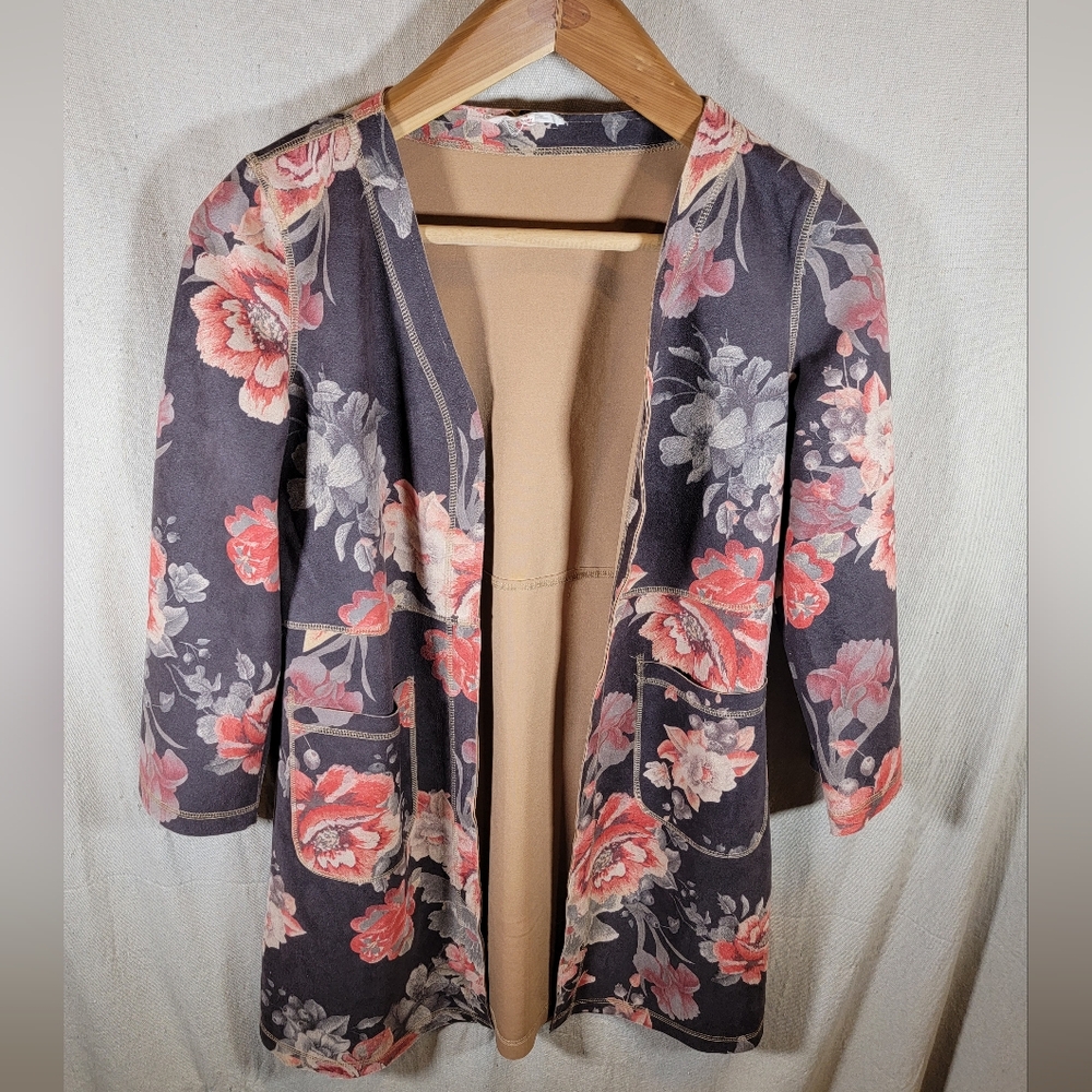ANTHROPOLOGIE SOLITAIRE LONG FLORAL OPEN CARDIGAN SIZE SMALL IN GREAT SHAPE
